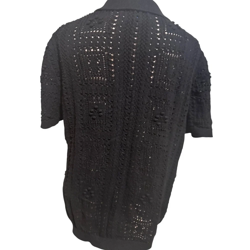 Black Crochet Cardigan M Short Sleeve Button Up Boho Knit Top Open Front Relaxed - Picture 3 of 10